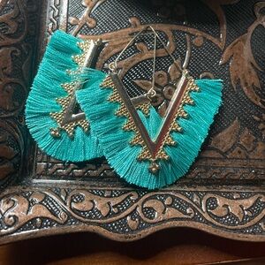 Boho Gold and Blue Fringe Earrings